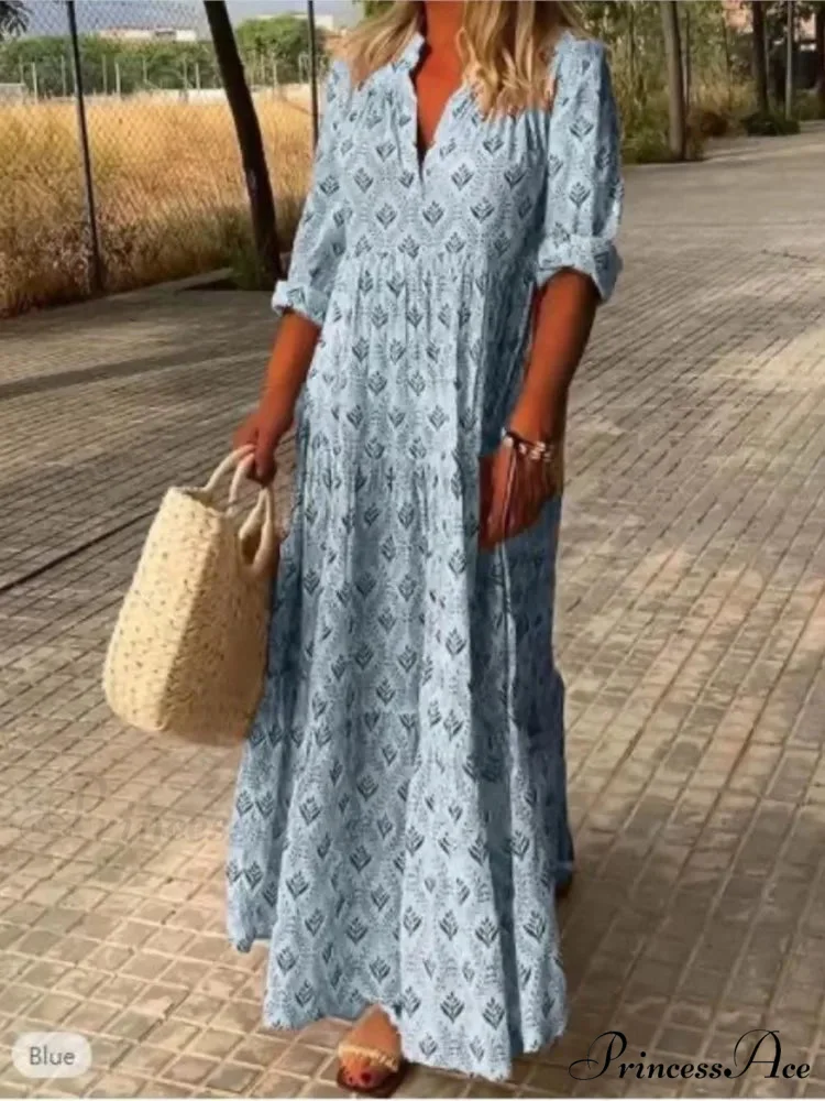 Vintage V-neck Flower Printed Maxi Boho Dress - Image 4