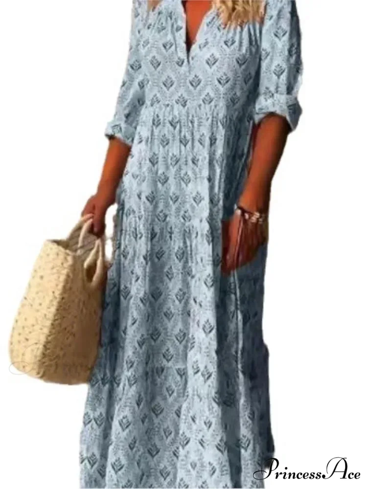 Vintage V-neck Flower Printed Maxi Boho Dress - Image 5