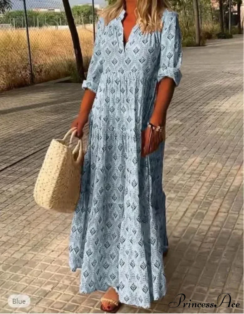 Vintage V-neck Flower Printed Maxi Boho Dress - Image 8