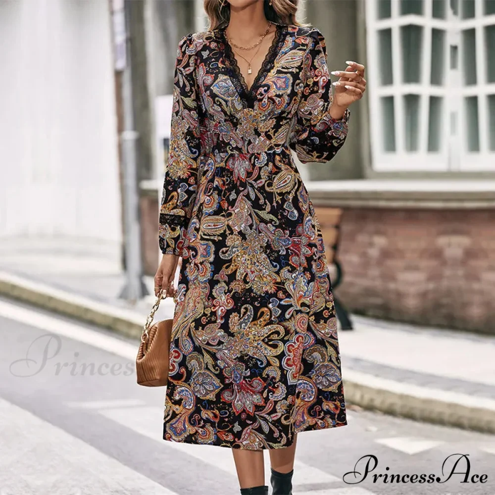 Autumn Sweet Fresh Bohemian Long Sleeve Floral Boho Dress - Image 2
