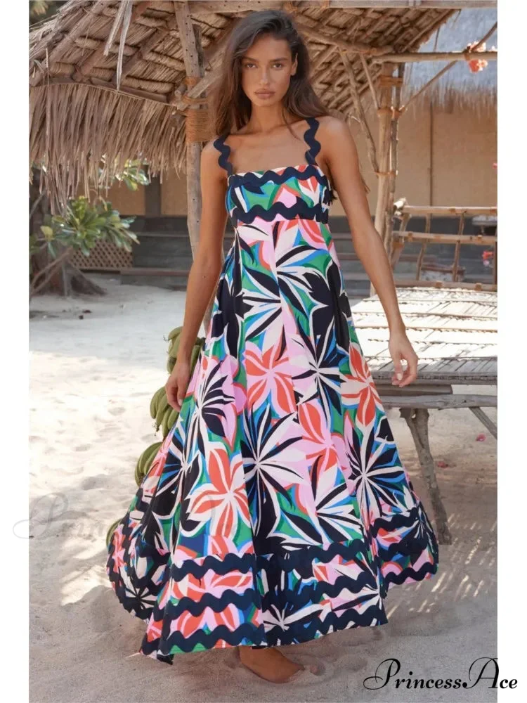 Bohemian Summer Printed A-Line Sexy Backless Spaghetti Strap Boho Dress - Image 5