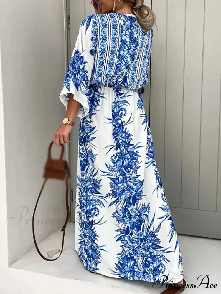 Deep V Neck Waist Drawstring Spring Pattern Vintage Boho Dress - Image 2