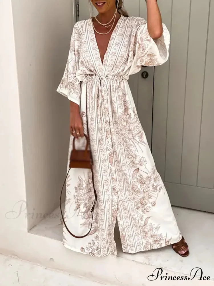 Deep V Neck Waist Drawstring Spring Pattern Vintage Boho Dress - Image 3