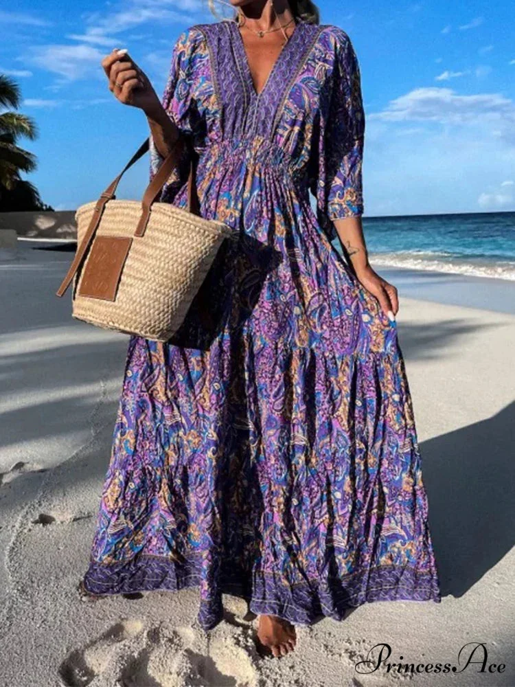 Deep V Neck Waist Drawstring Spring Pattern Vintage Boho Dress - Image 4