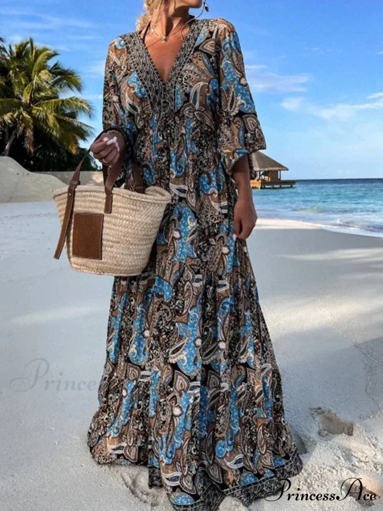 Deep V Neck Waist Drawstring Spring Pattern Vintage Boho Dress - Image 5