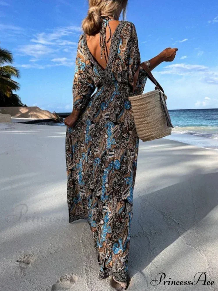 Deep V Neck Waist Drawstring Spring Pattern Vintage Boho Dress - Image 6