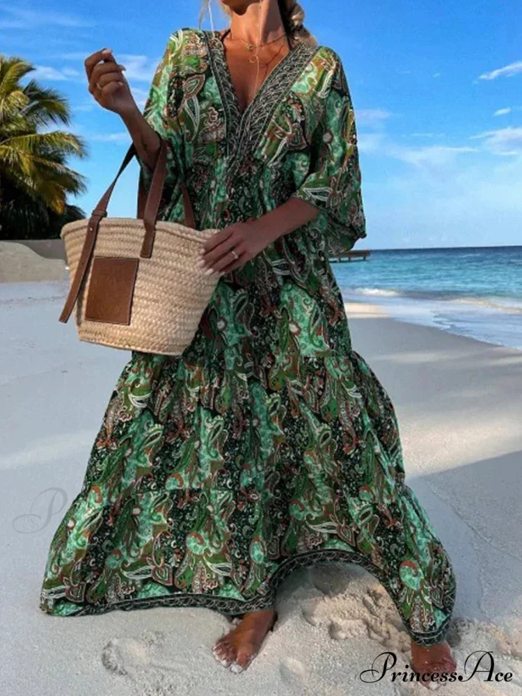 Deep V Neck Waist Drawstring Spring Pattern Vintage Boho Dress - Image 8