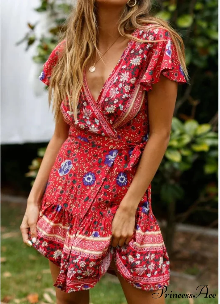 Summer Boho Floral Print Mini Wrap Beach Boho Dress - Image 10