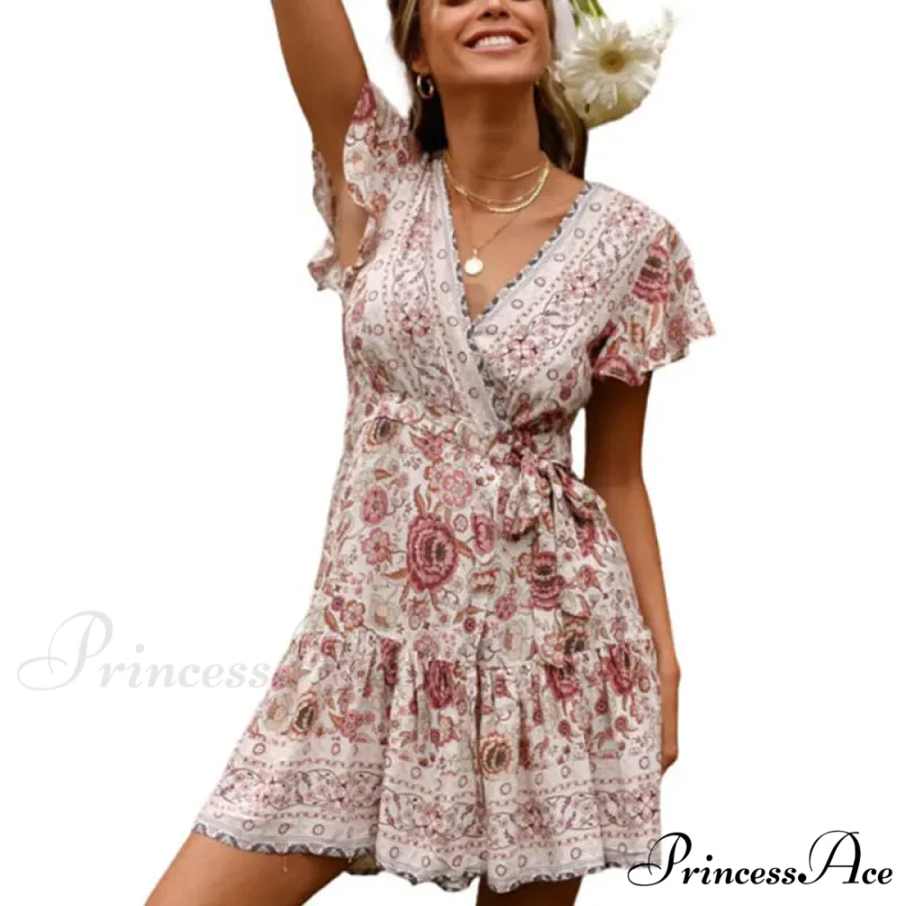 Summer Boho Floral Print Mini Wrap Beach Boho Dress - Image 3