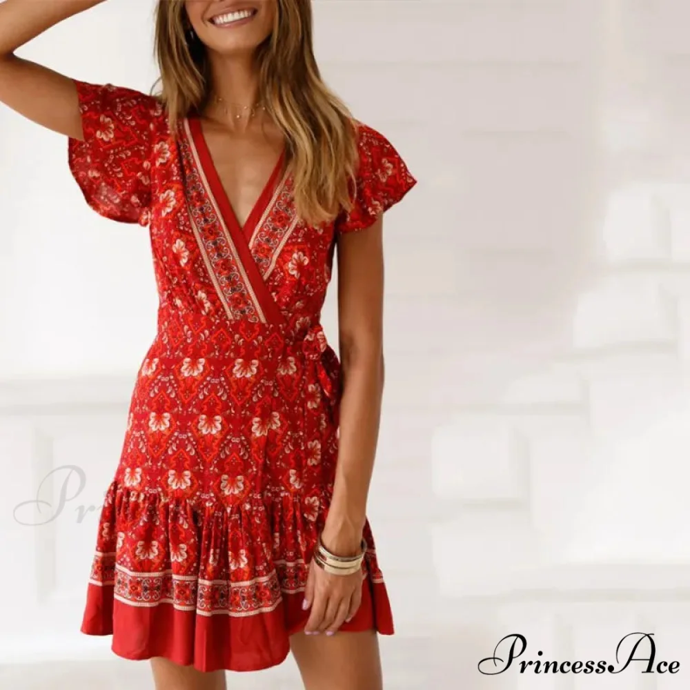 Summer Boho Floral Print Mini Wrap Beach Boho Dress - Image 4