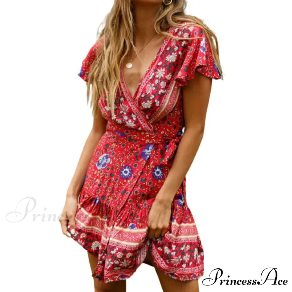 Summer Boho Floral Print Mini Wrap Beach Boho Dress - Image 5