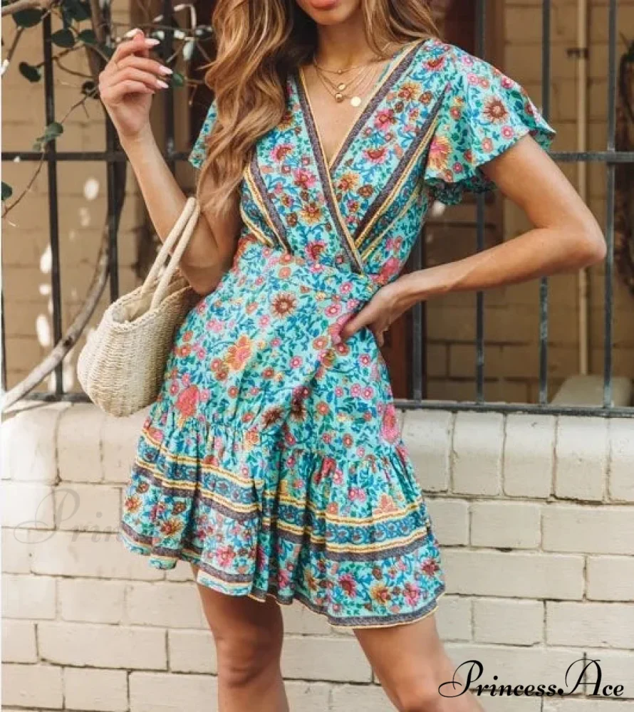 Summer Boho Floral Print Mini Wrap Beach Boho Dress - Image 6
