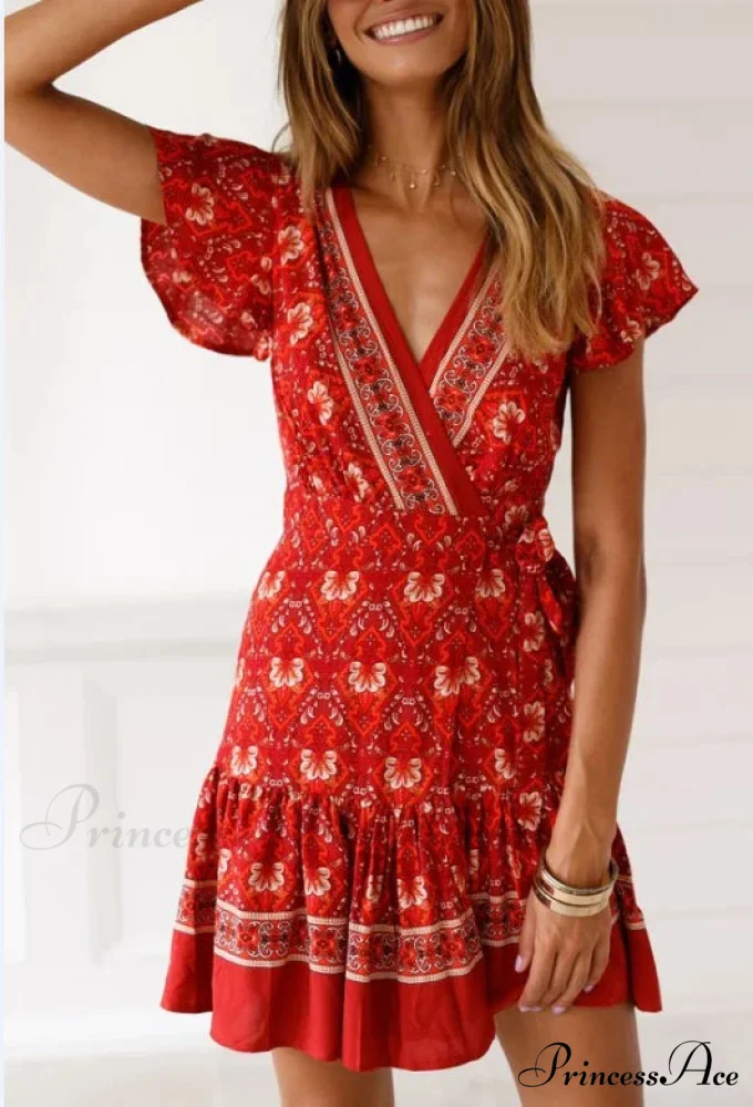 Summer Boho Floral Print Mini Wrap Beach Boho Dress - Image 7