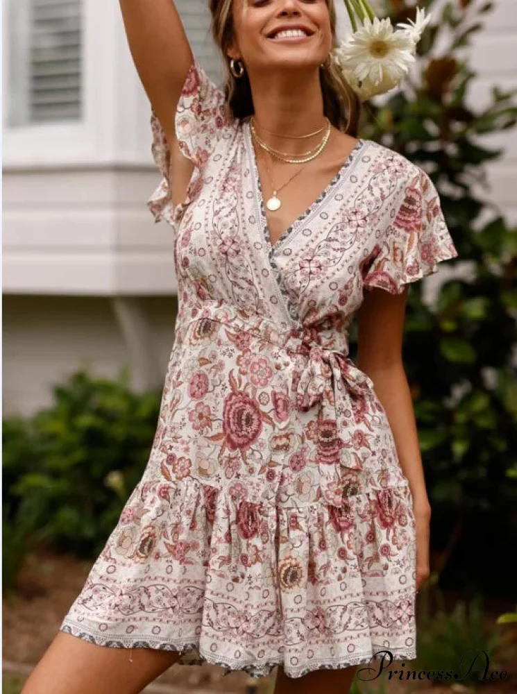 Summer Boho Floral Print Mini Wrap Beach Boho Dress - Image 8