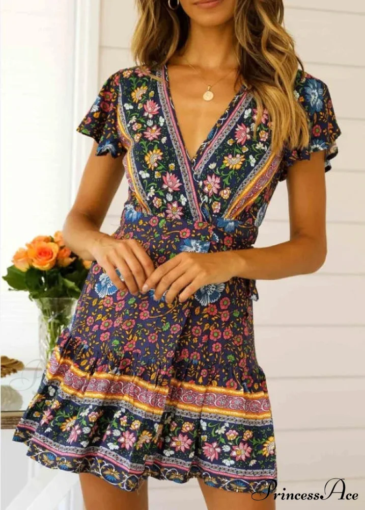 Summer Boho Floral Print Mini Wrap Beach Boho Dress - Image 9