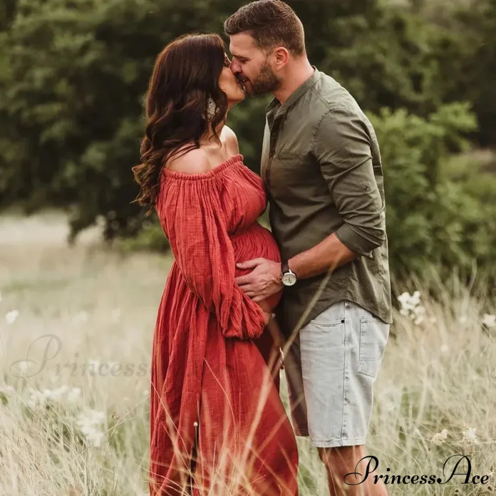 Rust Slash Neck Bohemian Pregnancy Boho Dress - Image 3