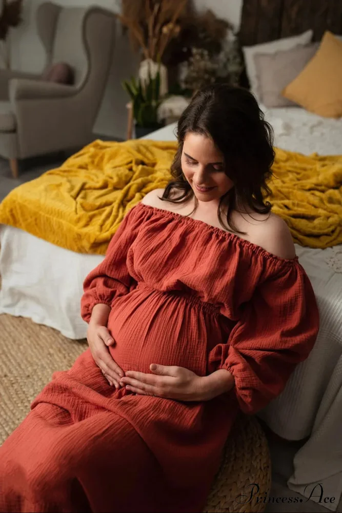 Rust Slash Neck Bohemian Pregnancy Boho Dress - Image 5