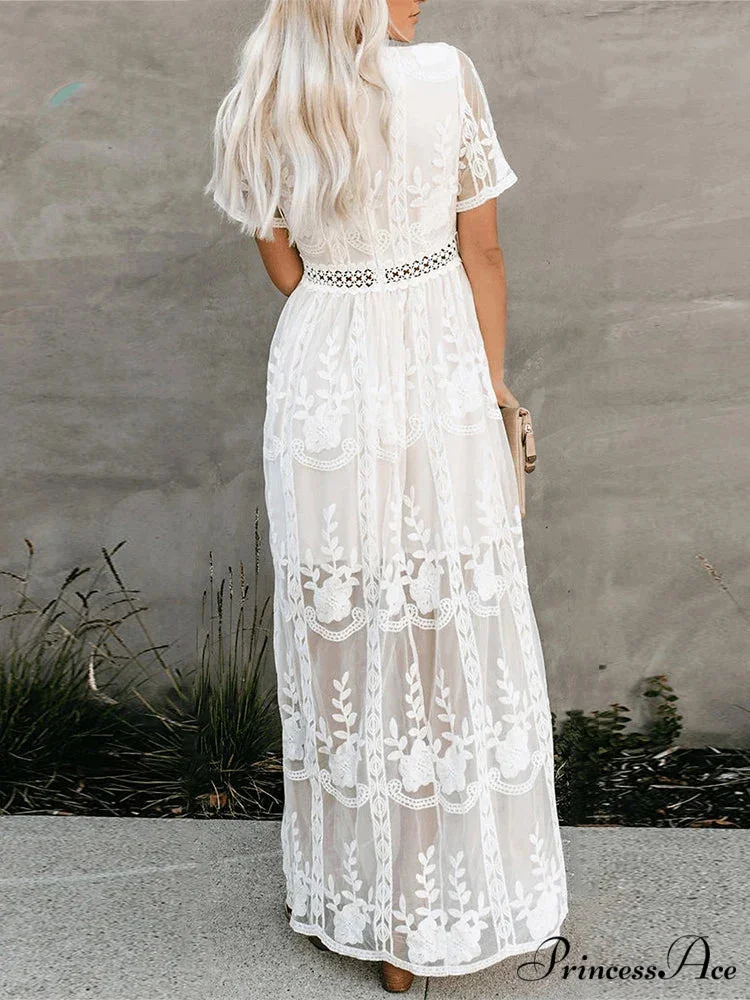 Loose Embroidery White Lace Maxi Boho Dress - Image 2