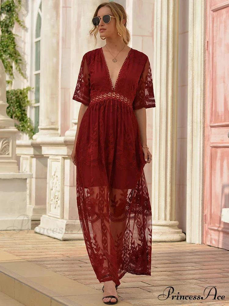 Loose Embroidery White Lace Maxi Boho Dress - Image 3