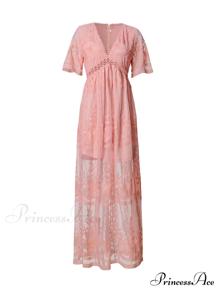 Loose Embroidery White Lace Maxi Boho Dress - Image 5