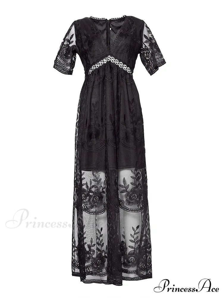 Loose Embroidery White Lace Maxi Boho Dress - Image 9