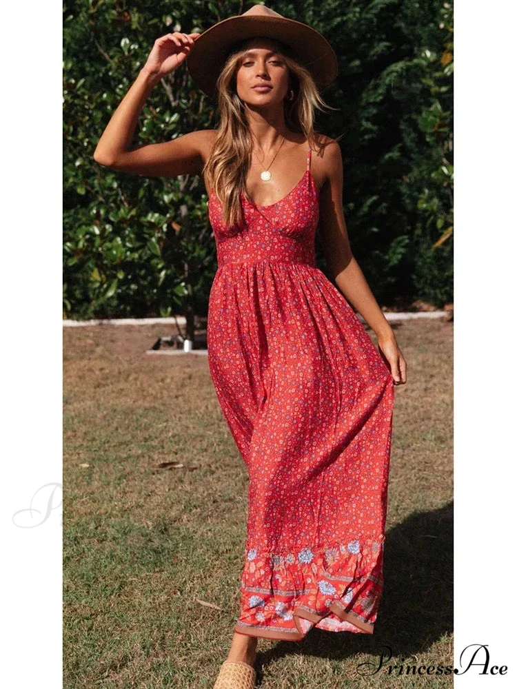 Elegant Floral V-Neck Sleeveless Boho Dress - Image 2