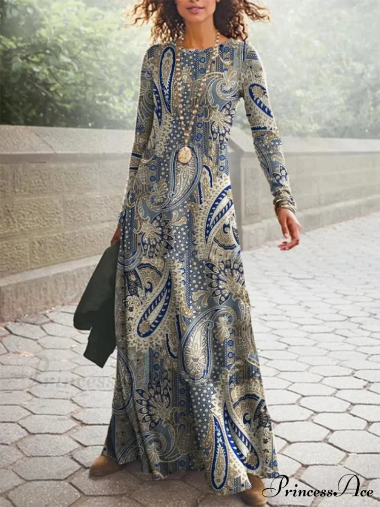 Vintage Geometric Print Long Sleeve Boho Dress - Image 2