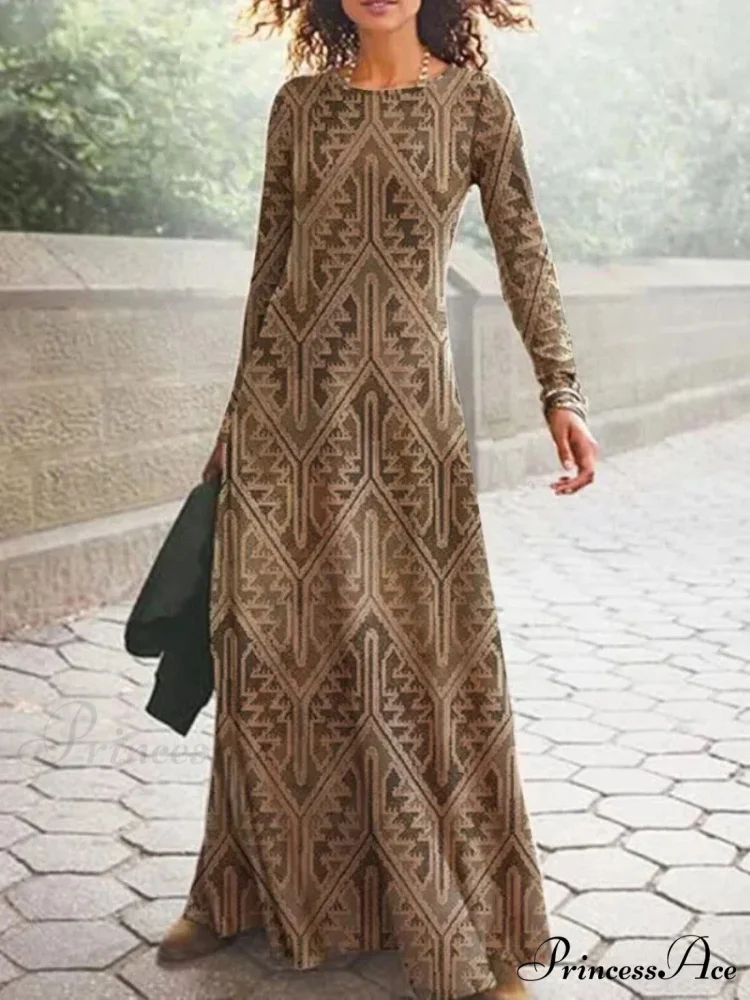 Vintage Geometric Print Long Sleeve Boho Dress - Image 3