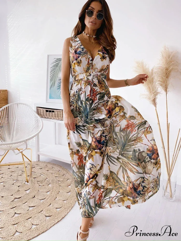 Deep V Neck Print Sleeveless Boho Dress - Image 3