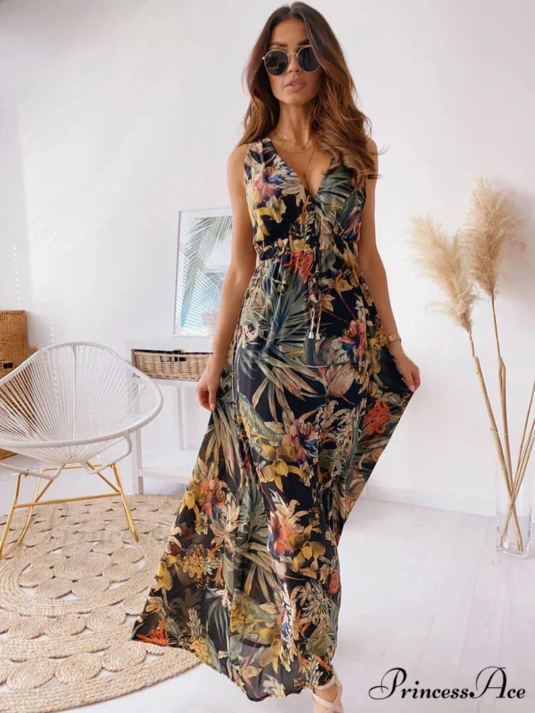Deep V Neck Print Sleeveless Boho Dress - Image 5