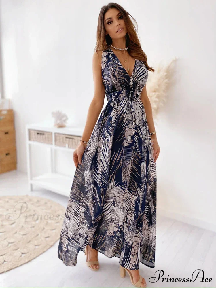 Deep V Neck Print Sleeveless Boho Dress - Image 7