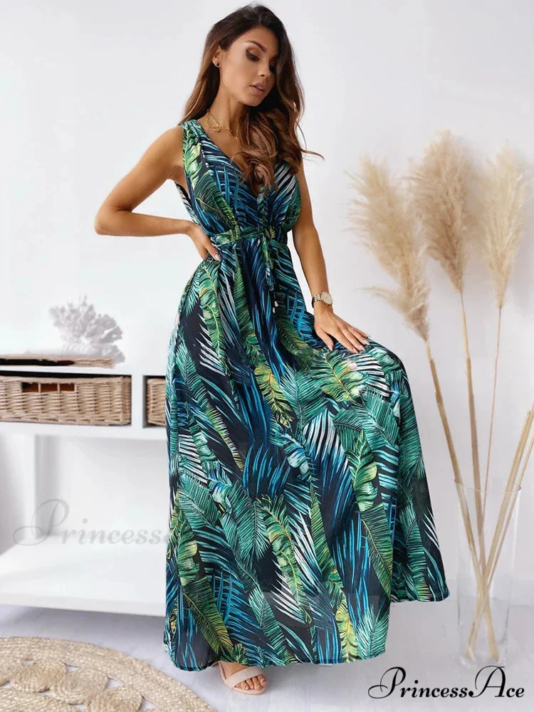 Deep V Neck Print Sleeveless Boho Dress - Image 8