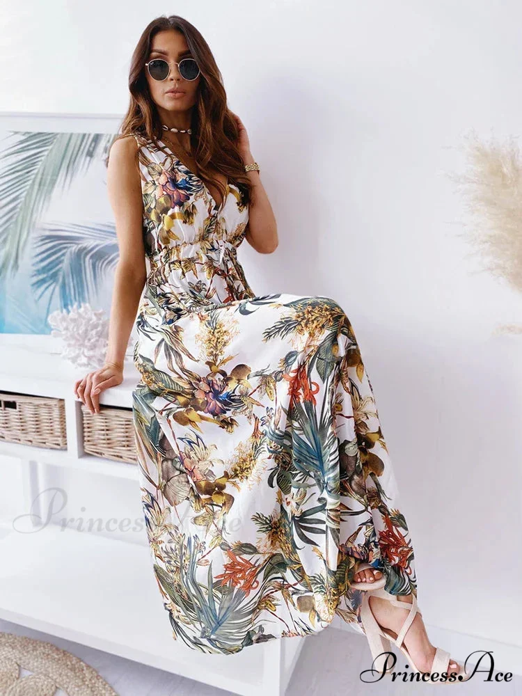 Deep V Neck Print Sleeveless Boho Dress - Image 9