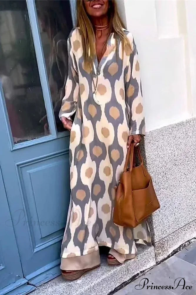 Geometric Printing Split Autumn V Neck Boho Dress - Image 10