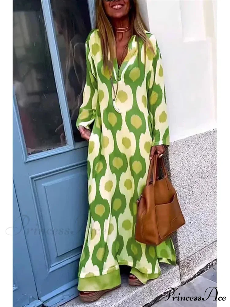 Geometric Printing Split Autumn V Neck Boho Dress - Image 2