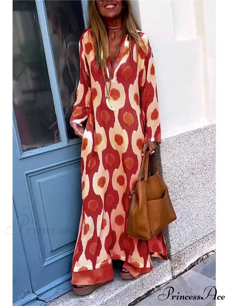 Geometric Printing Split Autumn V Neck Boho Dress - Image 3