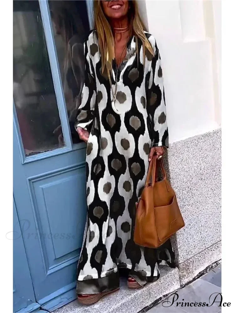 Geometric Printing Split Autumn V Neck Boho Dress - Image 4