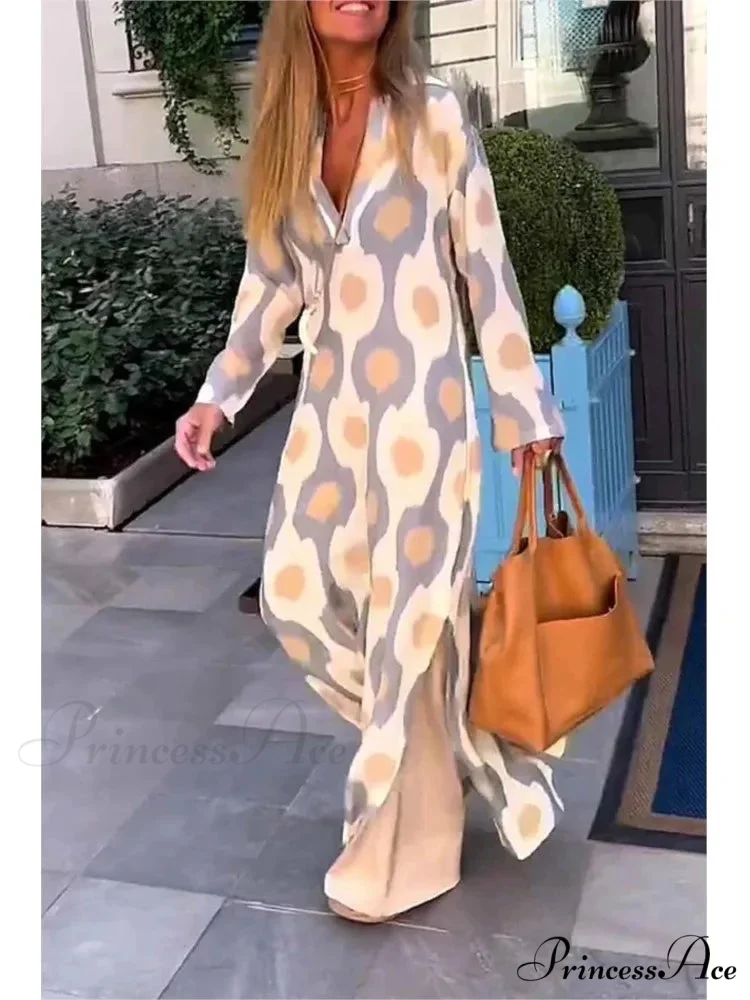 Geometric Printing Split Autumn V Neck Boho Dress - Image 5