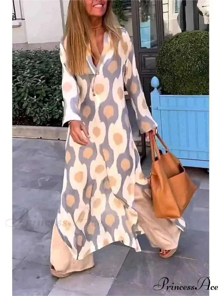 Geometric Printing Split Autumn V Neck Boho Dress - Image 6