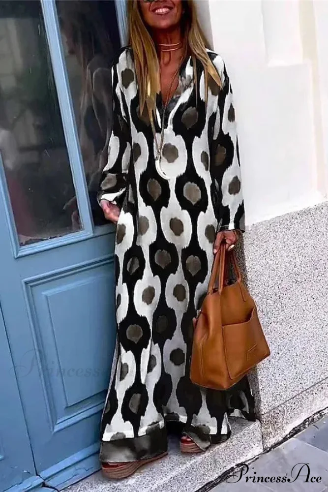 Geometric Printing Split Autumn V Neck Boho Dress - Image 7