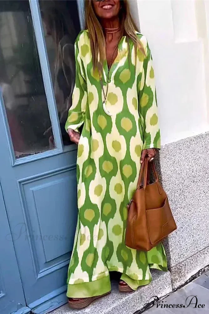Geometric Printing Split Autumn V Neck Boho Dress - Image 8