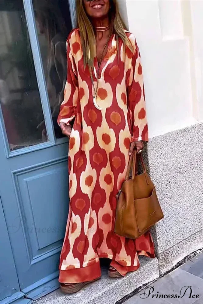 Geometric Printing Split Autumn V Neck Boho Dress - Image 9