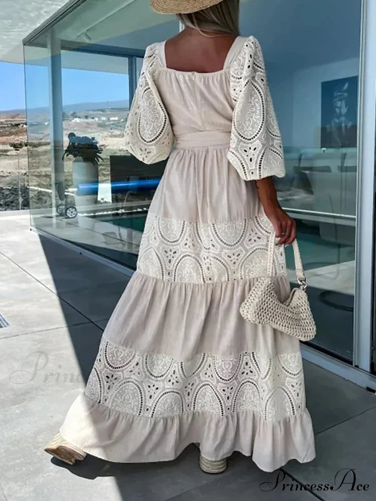 Lace Patchwork Loose Casual Beach Square Neck Boho Dress - Image 2