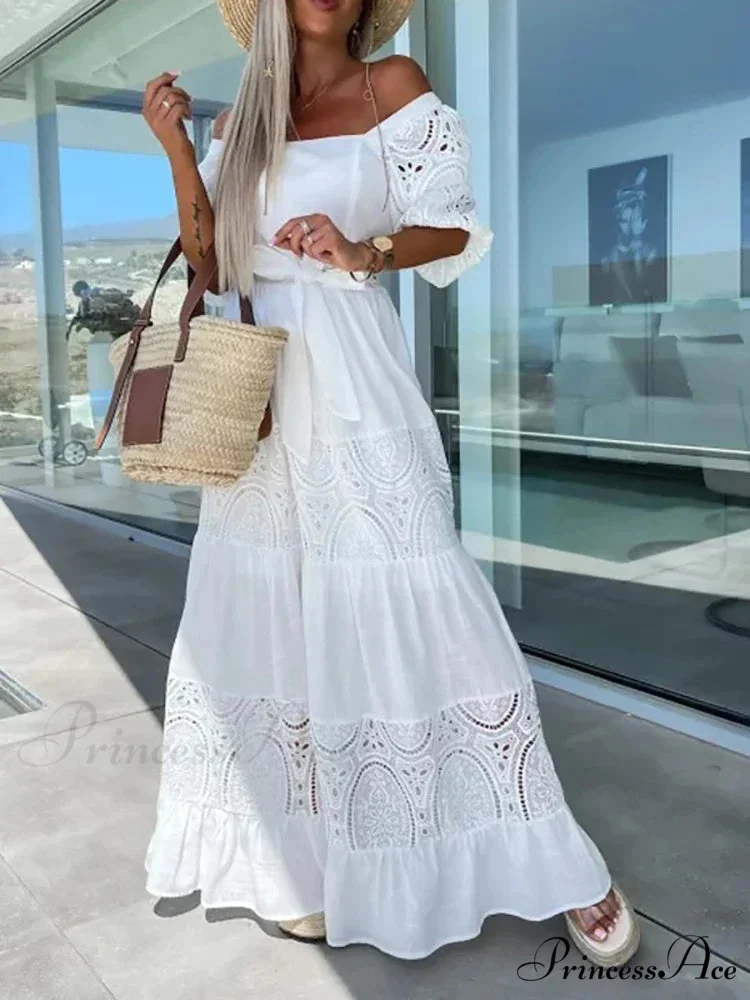 Lace Patchwork Loose Casual Beach Square Neck Boho Dress - Image 4