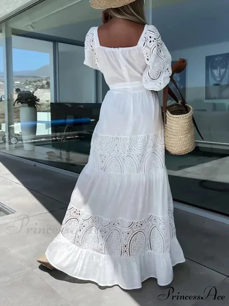 Lace Patchwork Loose Casual Beach Square Neck Boho Dress - Image 5
