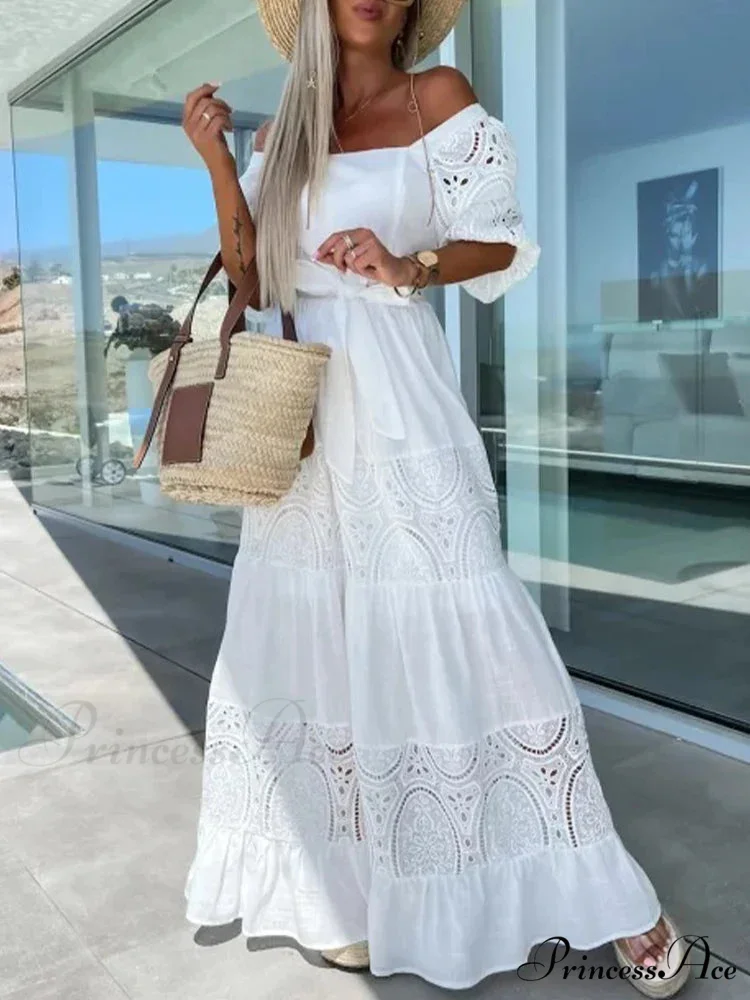 Lace Patchwork Loose Casual Beach Square Neck Boho Dress - Image 8