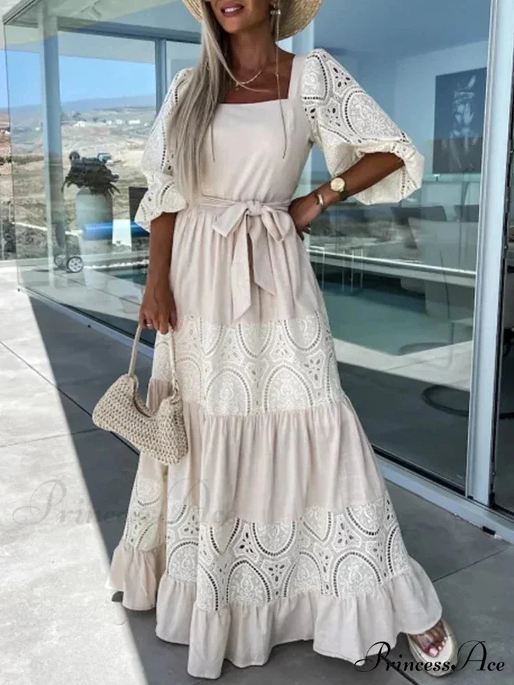 Lace Patchwork Loose Casual Beach Square Neck Boho Dress - Image 9