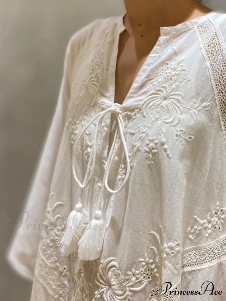 Cotton Linen Beach White V Neck Embroidered Boho Dress - Image 3