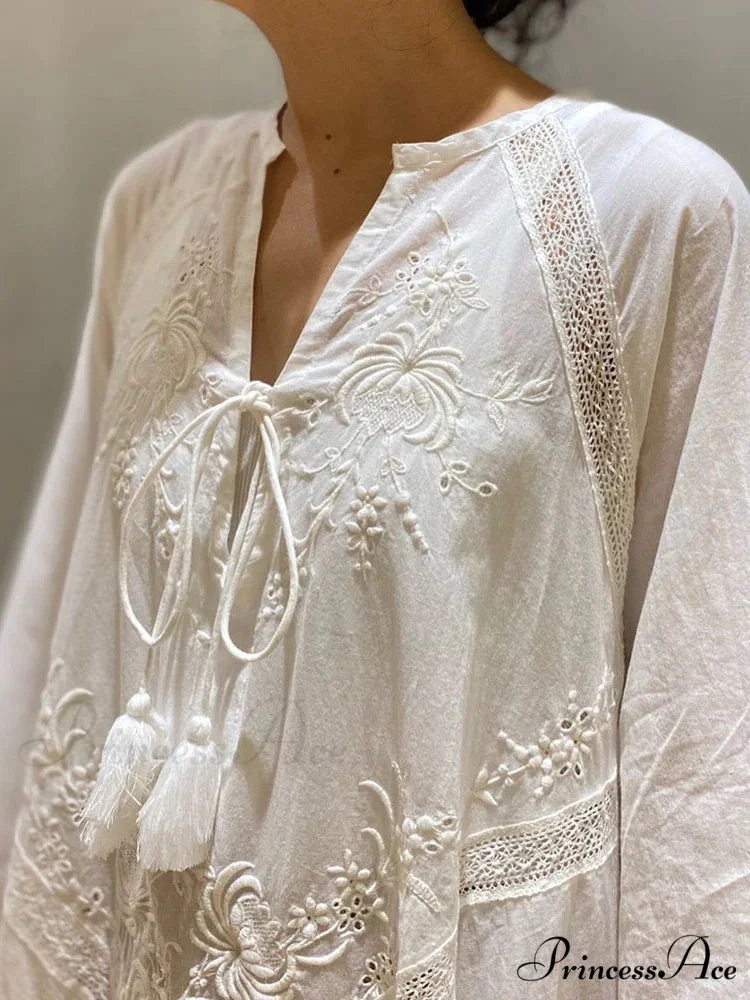 Cotton Linen Beach White V Neck Embroidered Boho Dress - Image 4