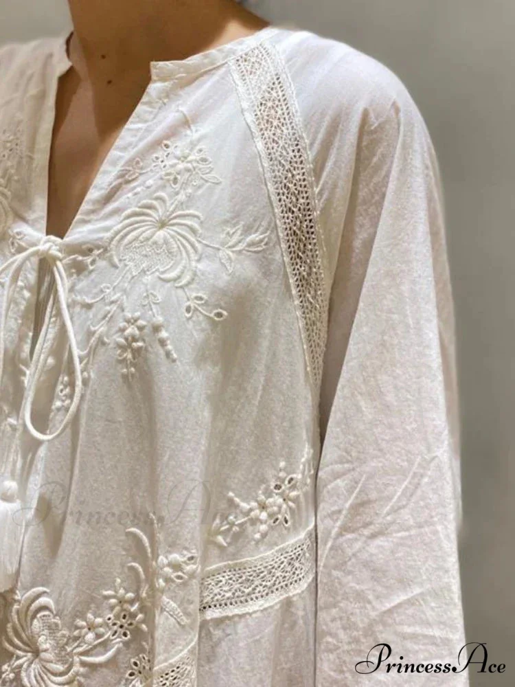 Cotton Linen Beach White V Neck Embroidered Boho Dress - Image 5
